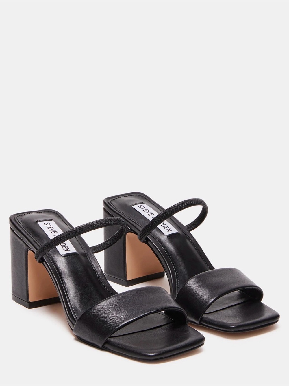 Steve Madden Black Leather Square Toe Block Heel Sandals